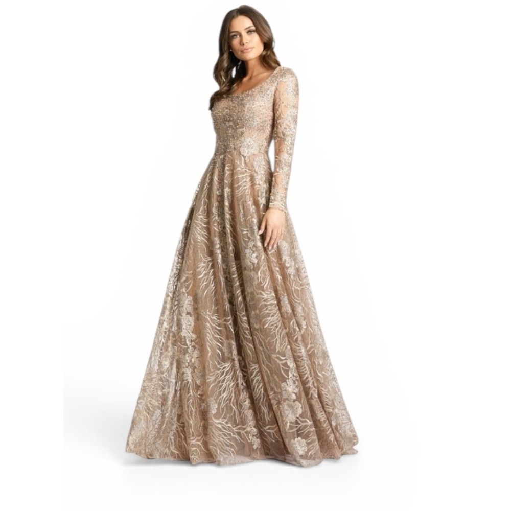 Mac Duggal 20285D Jewel Encrusted Square Neck LS Ball Gown Vintage Gold Size 8